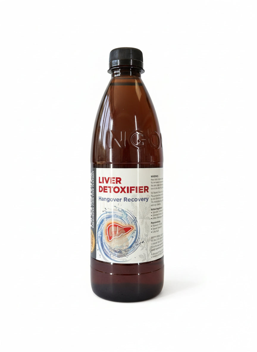 Bottle of 'Liver Detoxifier' on a dark background