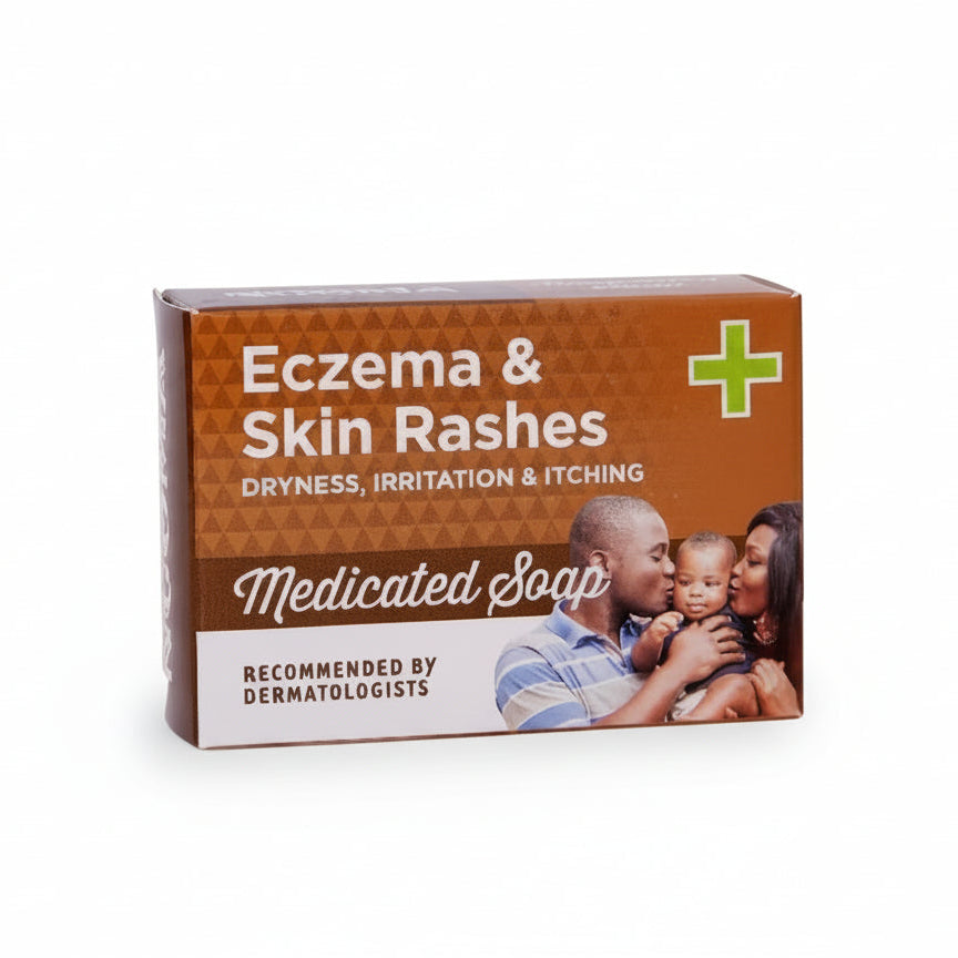Box of medicated soap for eczema and skin rashes with a family image on a white background