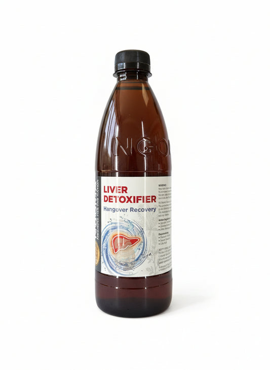 Bottle of 'Liver Detoxifier' on a dark background